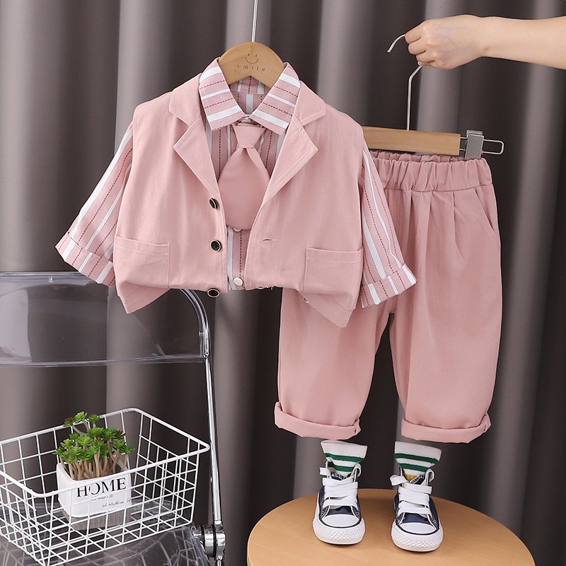 2024 Autumn/Winter Boys' Cotton Three-Piece Set Casual Long Sleeve Top Tie Trim Waistcoat Outdoor Pants Korean Style Suit Kids