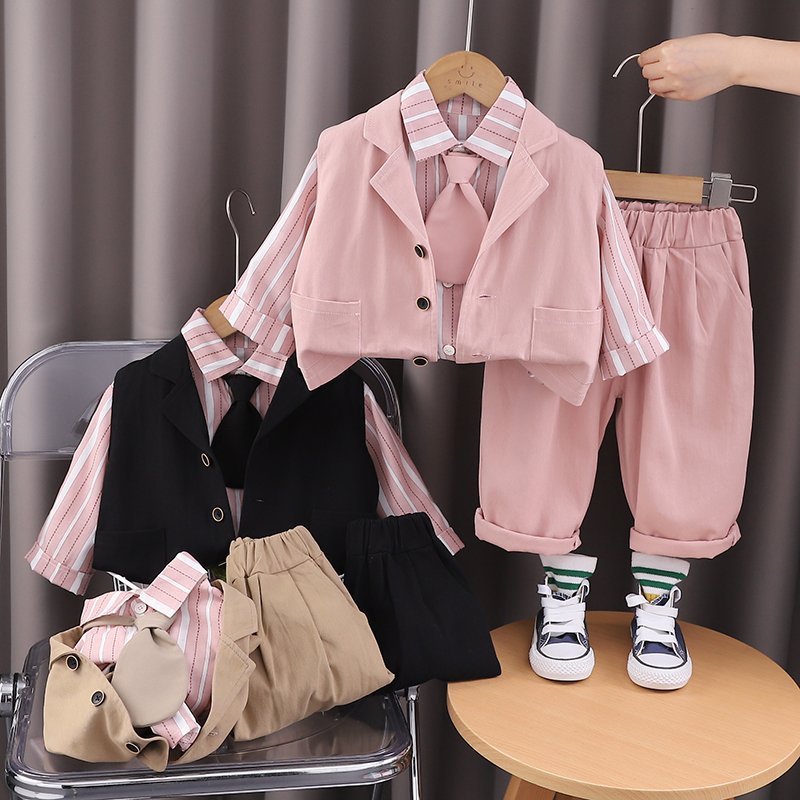 2024 Autumn/Winter Boys' Cotton Three-Piece Set Casual Long Sleeve Top Tie Trim Waistcoat Outdoor Pants Korean Style Suit Kids