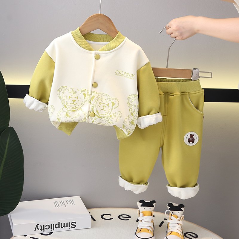 Boys' autumn and winter clothing set 2024 new children's winter plus fleece Cubs baseball coat two-piece set