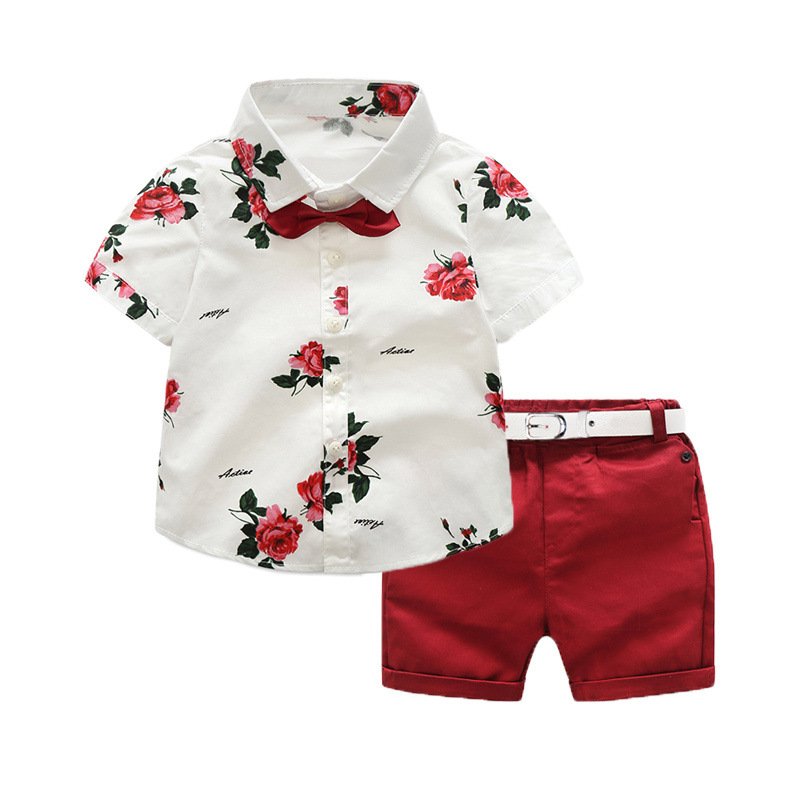 Kids Tales Summer Baby Boy Beach Hawaiian Clothes Set Toddler Kids Gentleman Suit Clothing Print Shirt BowTie Tops Shorts Formal Outfit Set