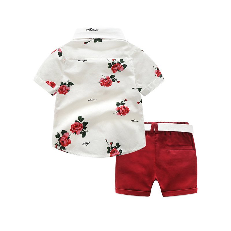Kids Tales Summer Baby Boy Beach Hawaiian Clothes Set Toddler Kids Gentleman Suit Clothing Print Shirt BowTie Tops Shorts Formal Outfit Set