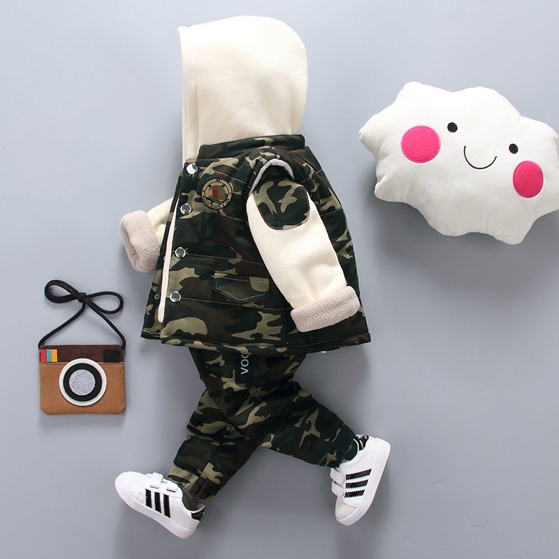 Custom making OEM ODM Winter boy hoodie with vest and pants 3 pieces of camouflage clothing kids hoodie children clothes