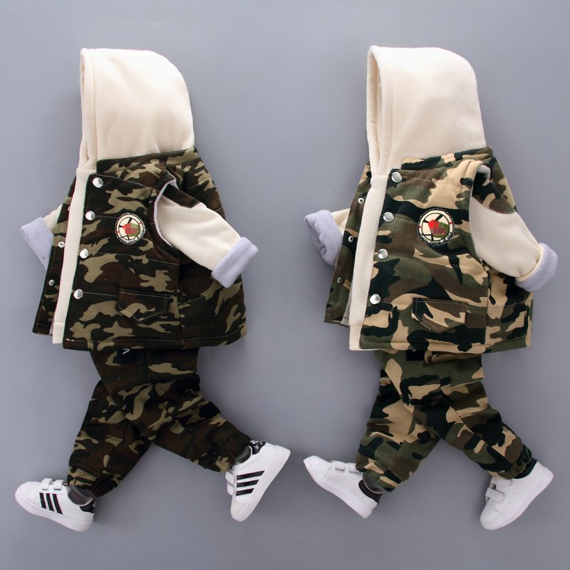 Custom making OEM ODM Winter boy hoodie with vest and pants 3 pieces of camouflage clothing kids hoodie children clothes