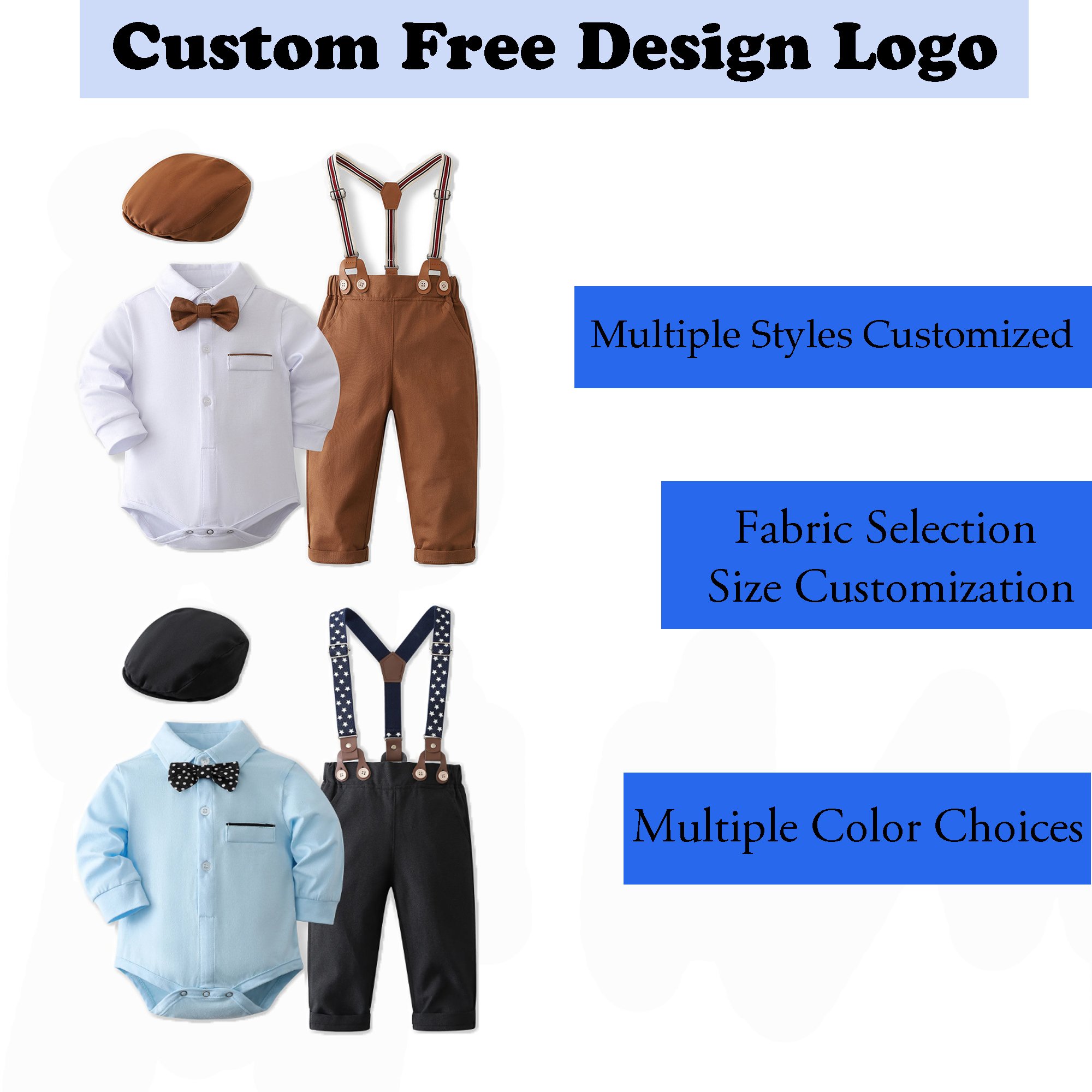 Custom Logo Baby Boy Clothes Bowtie Romper Shirt Suspender Pants Boy Clothing Sets 1st Birthday Formal Suit Children's Clothing