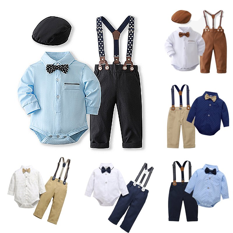 Custom Logo Baby Boy Clothes Bowtie Romper Shirt Suspender Pants Boy Clothing Sets 1st Birthday Formal Suit Children's Clothing