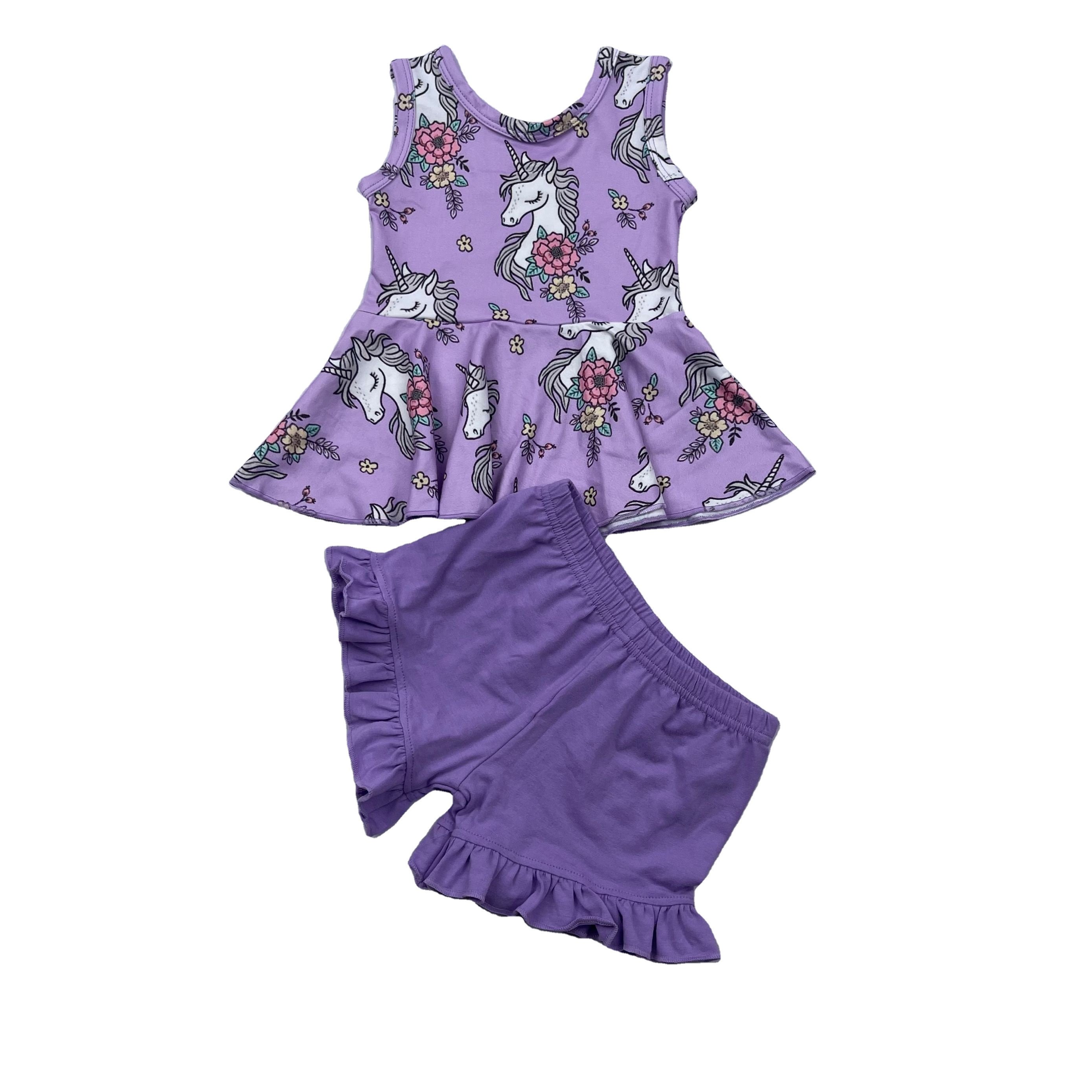 Qingli Oem Custom Summer Pattern Baby Girl Clothes 2pcs Outfits Cute Printing Sleeveless Tank Tops+ Shorts Set For Girls
