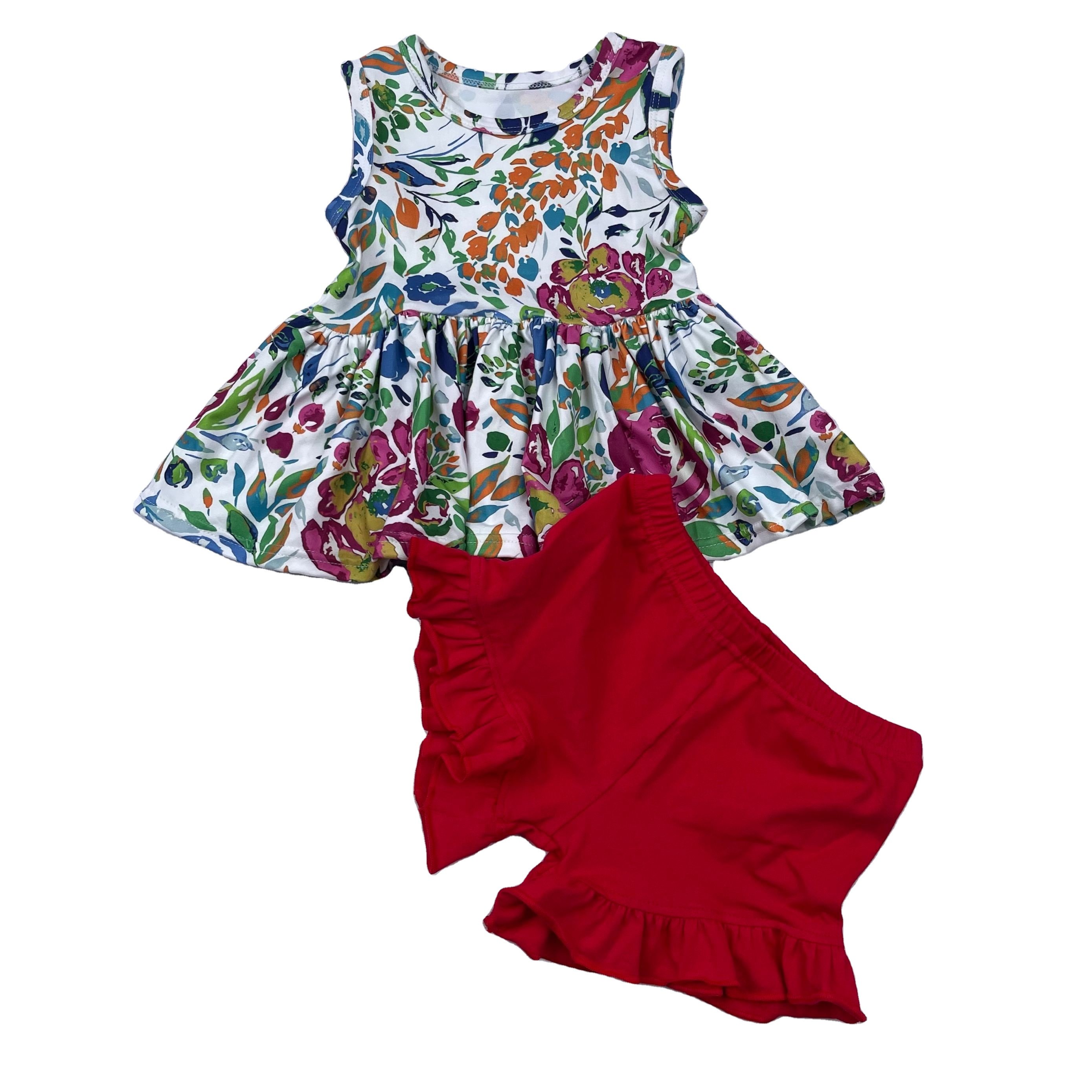 Qingli Oem Custom Summer Pattern Baby Girl Clothes 2pcs Outfits Cute Printing Sleeveless Tank Tops+ Shorts Set For Girls
