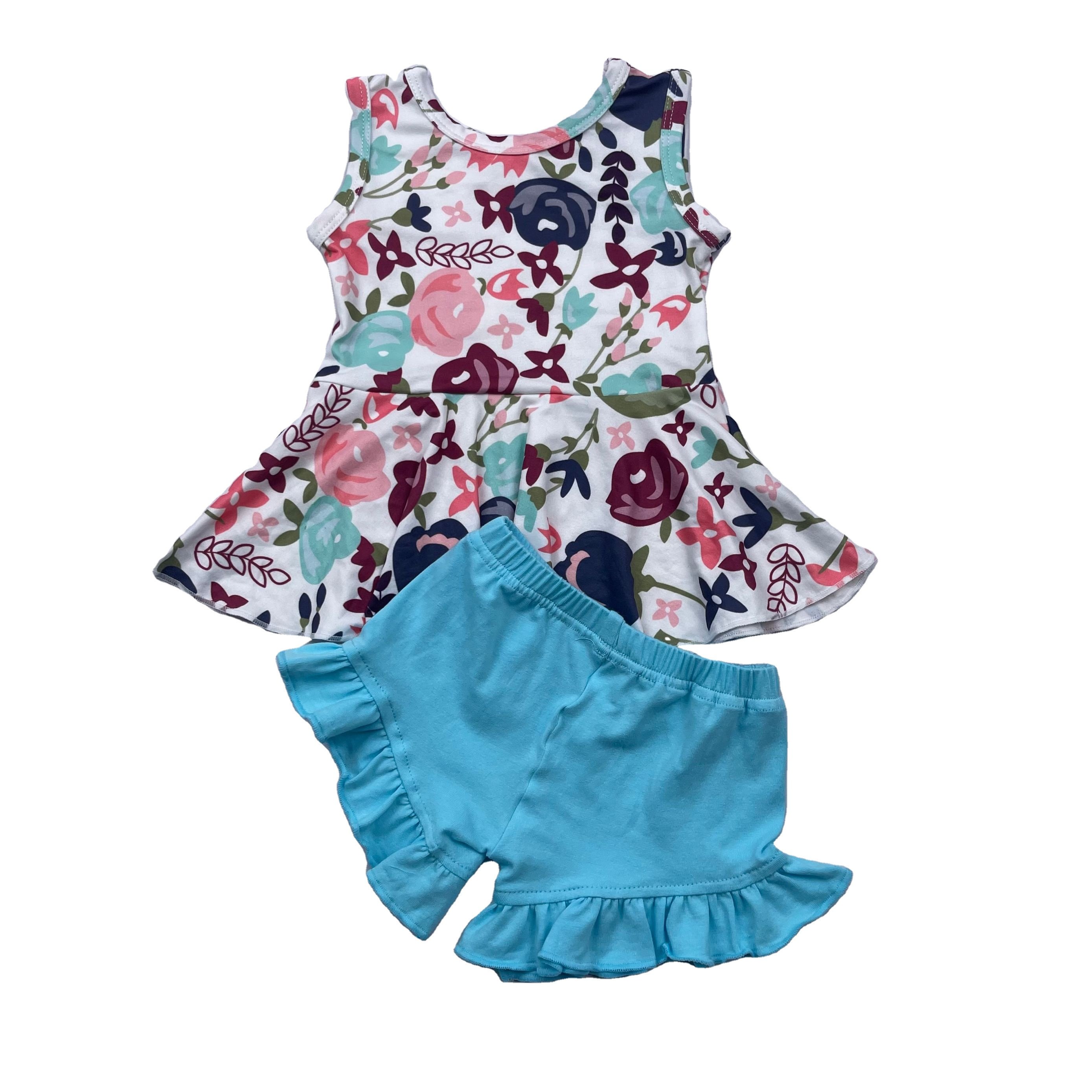 Qingli Oem Custom Summer Pattern Baby Girl Clothes 2pcs Outfits Cute Printing Sleeveless Tank Tops+ Shorts Set For Girls