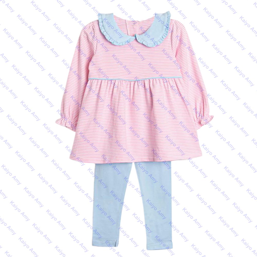 2024 boutique peter pan collar ruffle kids girls clothing sets fall winter cotton leggings and top set