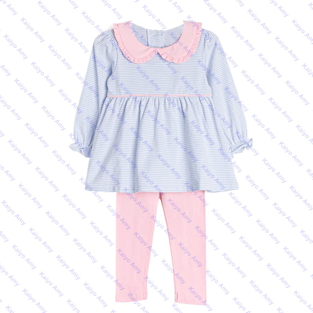 2024 boutique peter pan collar ruffle kids girls clothing sets fall winter cotton leggings and top set