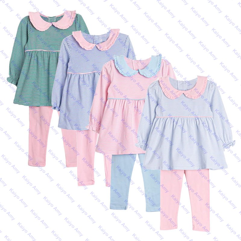 2024 boutique peter pan collar ruffle kids girls clothing sets fall winter cotton leggings and top set
