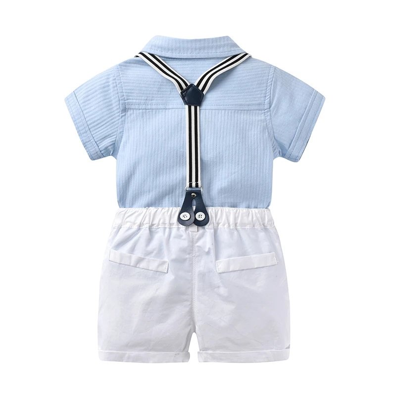 Low Price Dress Kids Boy Clothing Set Boys Withe Suspender Shorts Blue Shirt Infant Baby Clothes Birthday Outfit Boys Clothes