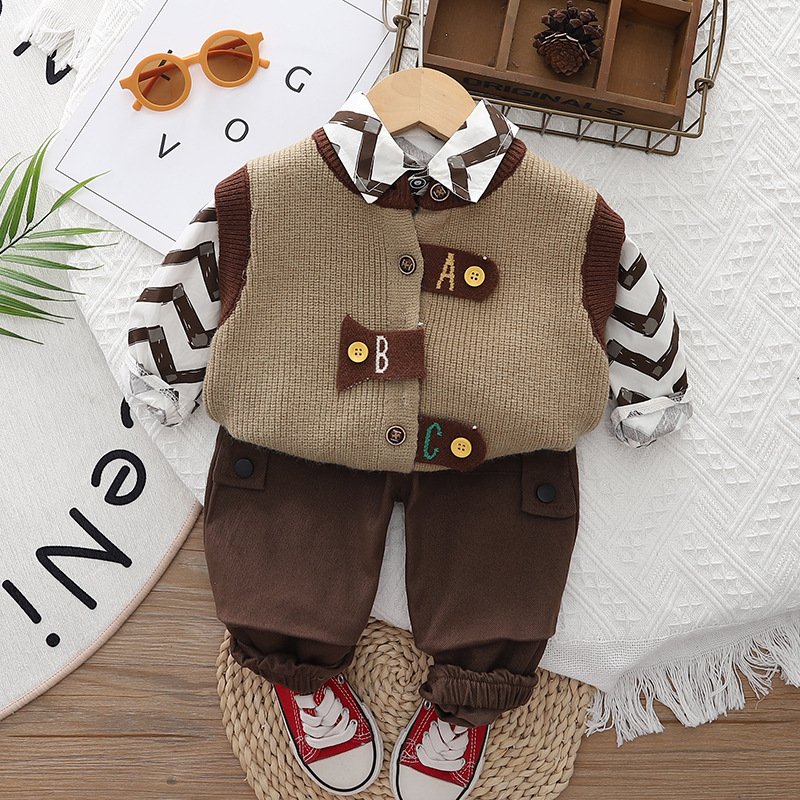 Korean Wholesale Spring Autumn Kids 3pcs Outfits Shirt+Knitted Vest+Pants Fashion Boys Clothing Sets