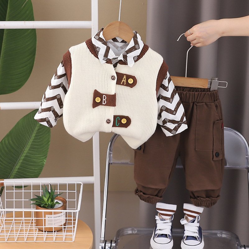Korean Wholesale Spring Autumn Kids 3pcs Outfits Shirt+Knitted Vest+Pants Fashion Boys Clothing Sets