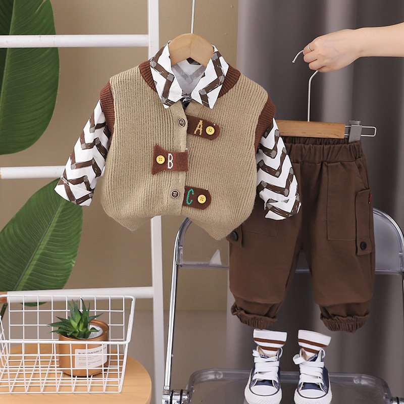 Korean Wholesale Spring Autumn Kids 3pcs Outfits Shirt+Knitted Vest+Pants Fashion Boys Clothing Sets