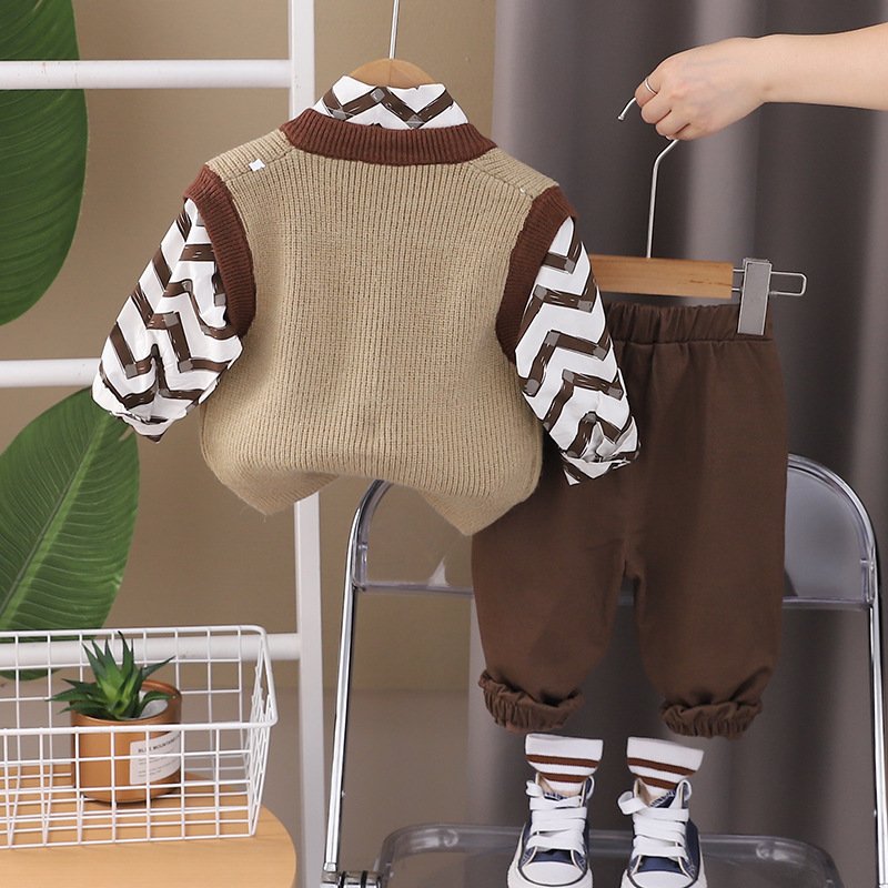 Korean Wholesale Spring Autumn Kids 3pcs Outfits Shirt+Knitted Vest+Pants Fashion Boys Clothing Sets