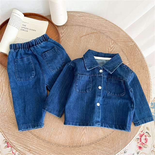 1Pcs Custom Logo Kids Denim Outifts Baby Infant Clothes Turn-Down Collar Cotton Top Pants Pocket Boys Toddler Clothing Set