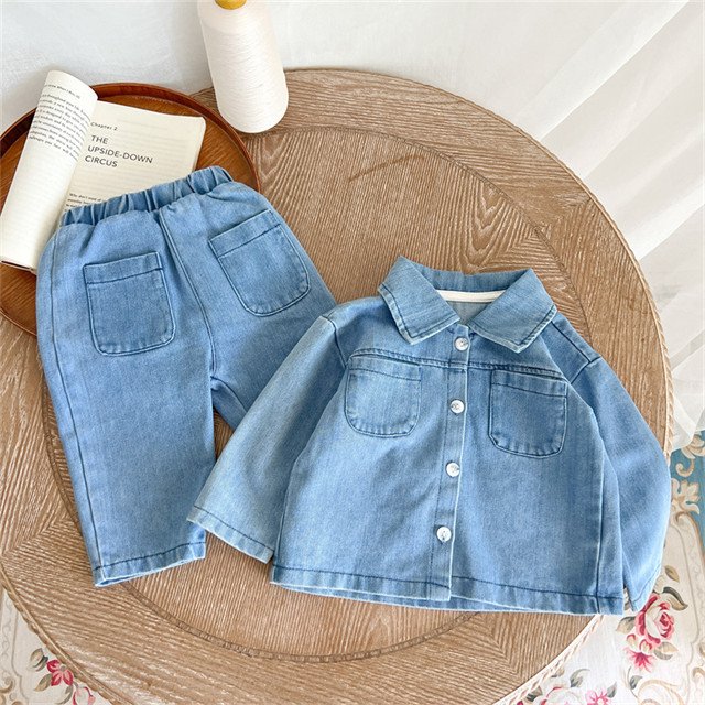 1Pcs Custom Logo Kids Denim Outifts Baby Infant Clothes Turn-Down Collar Cotton Top Pants Pocket Boys Toddler Clothing Set