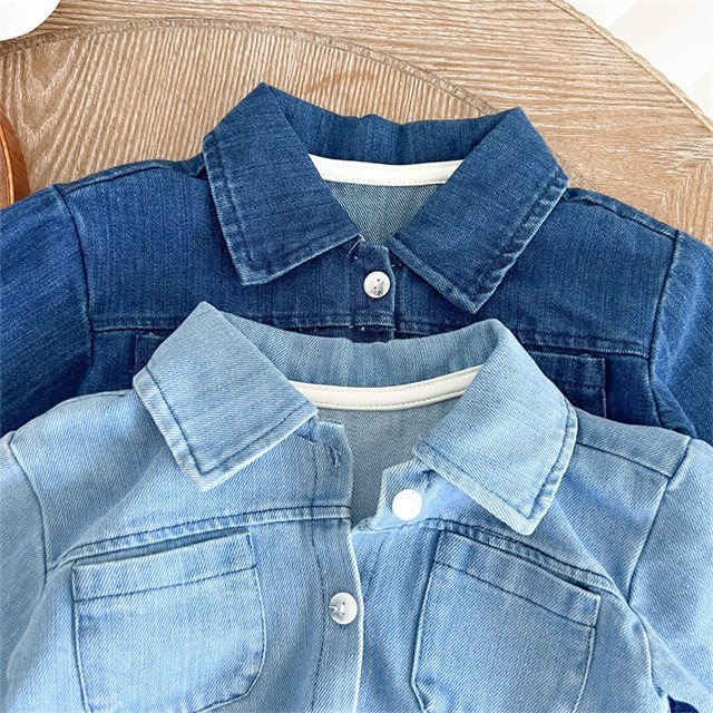1Pcs Custom Logo Kids Denim Outifts Baby Infant Clothes Turn-Down Collar Cotton Top Pants Pocket Boys Toddler Clothing Set