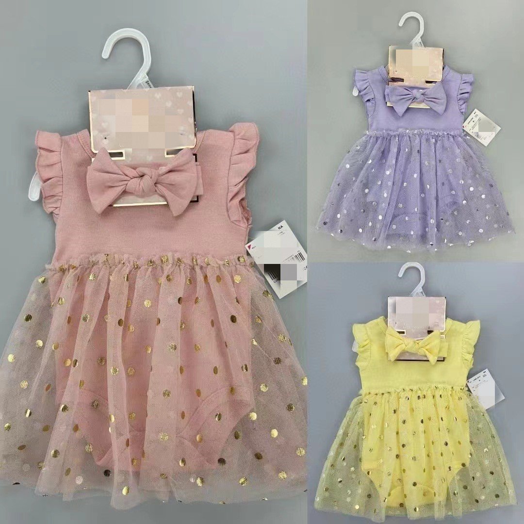 Hot Sale Solid Color Baby Girl Sleeveless Mesh Romper Dress And Hairband 2pcs Set 0-12 Months Baby Girl Clothes Set