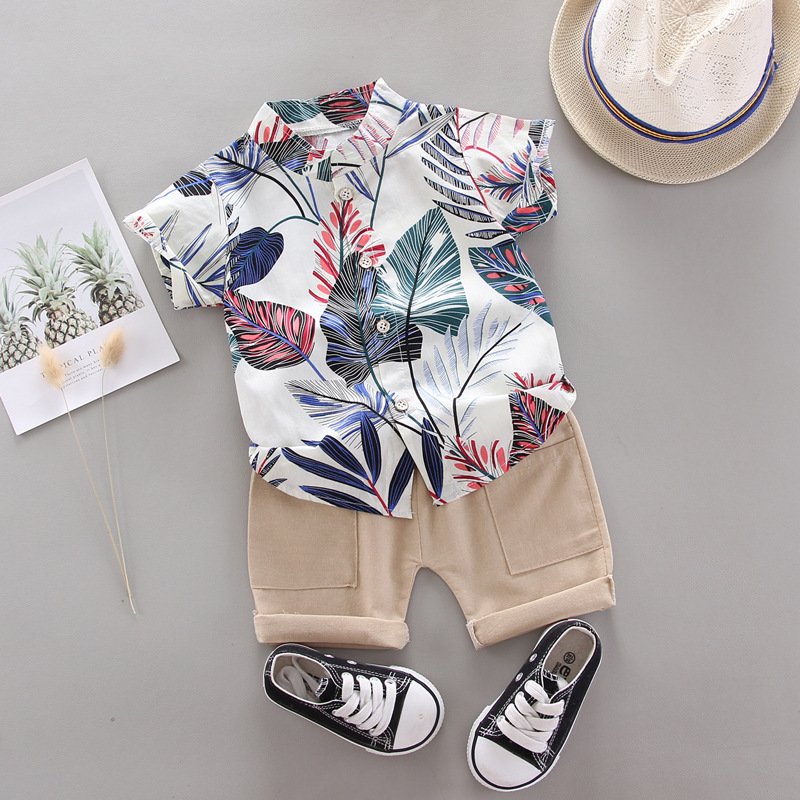 Wholesale Boys Summer Short Sleeve Clothes Leaf Pattern Cotton Two Pieces Suits Kids Boy Casual Clothing Outfit Set