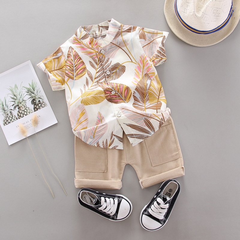 Wholesale Boys Summer Short Sleeve Clothes Leaf Pattern Cotton Two Pieces Suits Kids Boy Casual Clothing Outfit Set