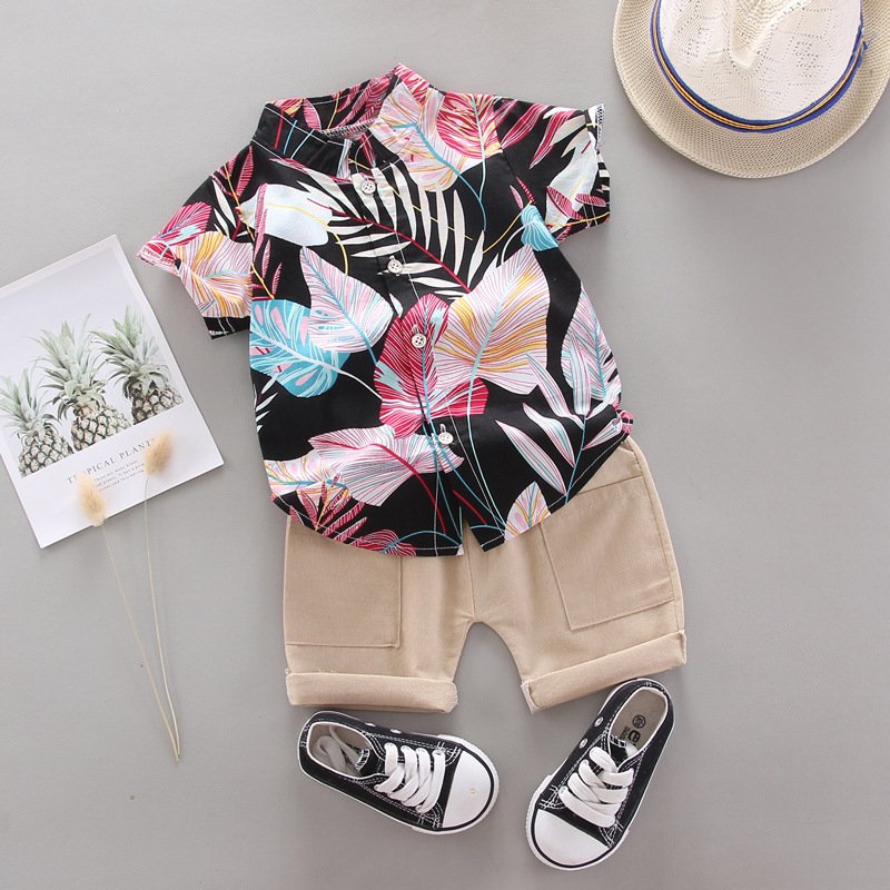 Wholesale Boys Summer Short Sleeve Clothes Leaf Pattern Cotton Two Pieces Suits Kids Boy Casual Clothing Outfit Set