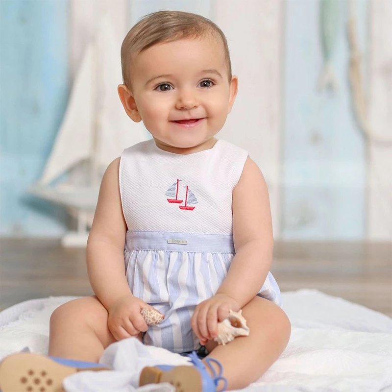 Baby Boy Spanish 2pcs Children Embroidered Suspender Pants White Cotton Shirts Peter Pan Collar Boutique Kids Clothes Set