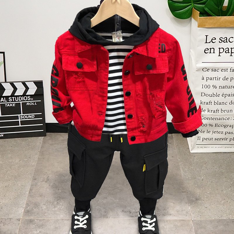 new fashion 2022 autumn denim boys clothing set 3pcs cotton soft eco-friendly casual kids clothing set boys red casual clothes
