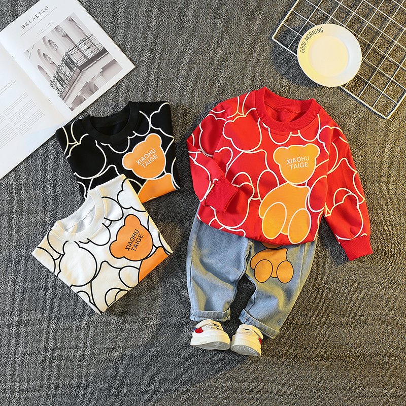 2024 Cheap Hot Design Children Wear Wholesale Price Kids Outfits Long Sleeve Cartoon Bear Hoodie Denim Pants Boys Clothing Set