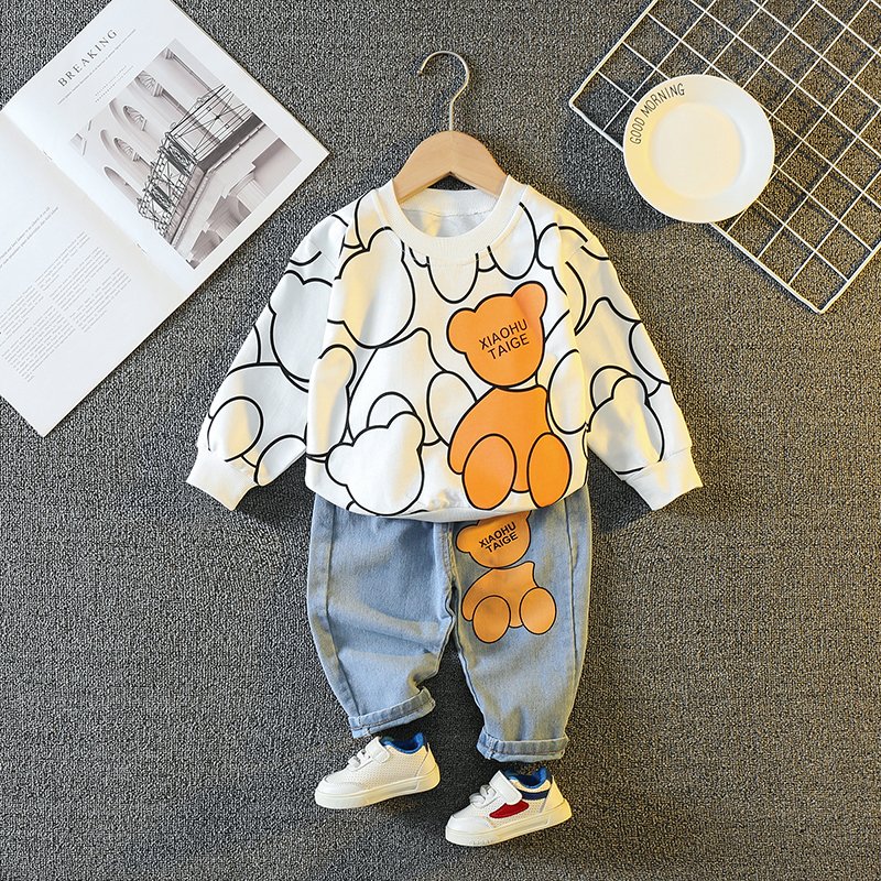 2024 Cheap Hot Design Children Wear Wholesale Price Kids Outfits Long Sleeve Cartoon Bear Hoodie Denim Pants Boys Clothing Set