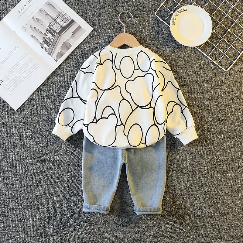 2024 Cheap Hot Design Children Wear Wholesale Price Kids Outfits Long Sleeve Cartoon Bear Hoodie Denim Pants Boys Clothing Set