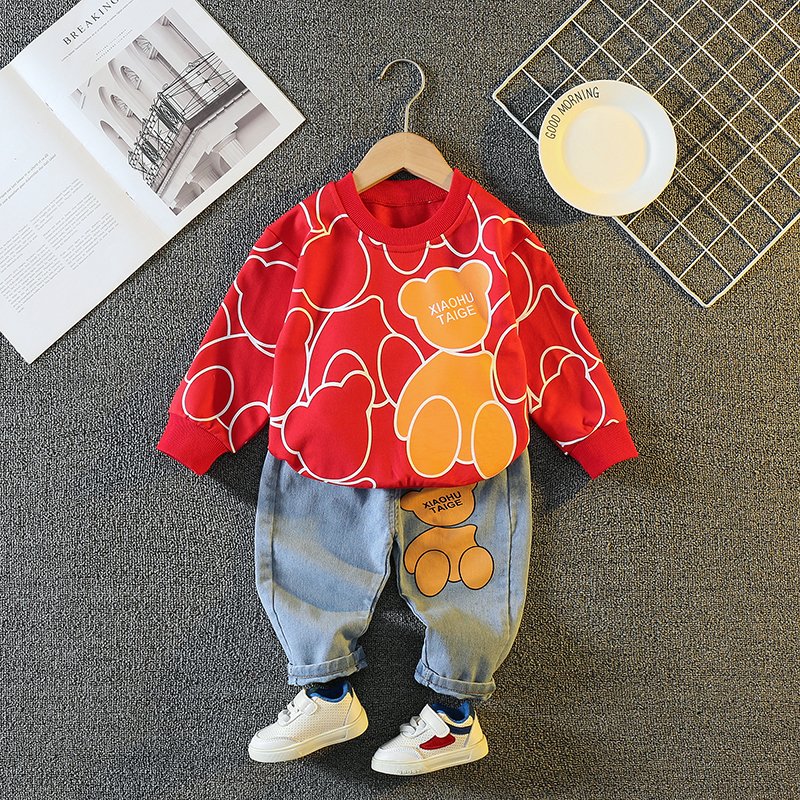2024 Cheap Hot Design Children Wear Wholesale Price Kids Outfits Long Sleeve Cartoon Bear Hoodie Denim Pants Boys Clothing Set
