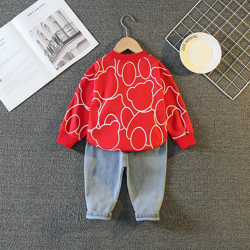 2024 Cheap Hot Design Children Wear Wholesale Price Kids Outfits Long Sleeve Cartoon Bear Hoodie Denim Pants Boys Clothing Set
