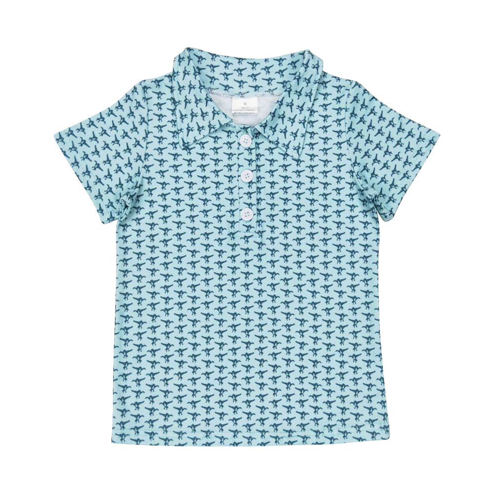 Western clothes light blue short sleeves polo shirts ducks plaid print wholesale boys boutique polo shirts button down low price