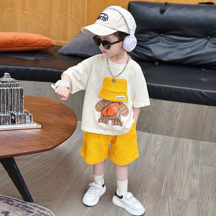 2024 New Boys' Summer Short Sleeve Suit Fashionable Two-Piece Set with Thin T-Shirt and Shorts for Toddlers Baby Boy Clothing