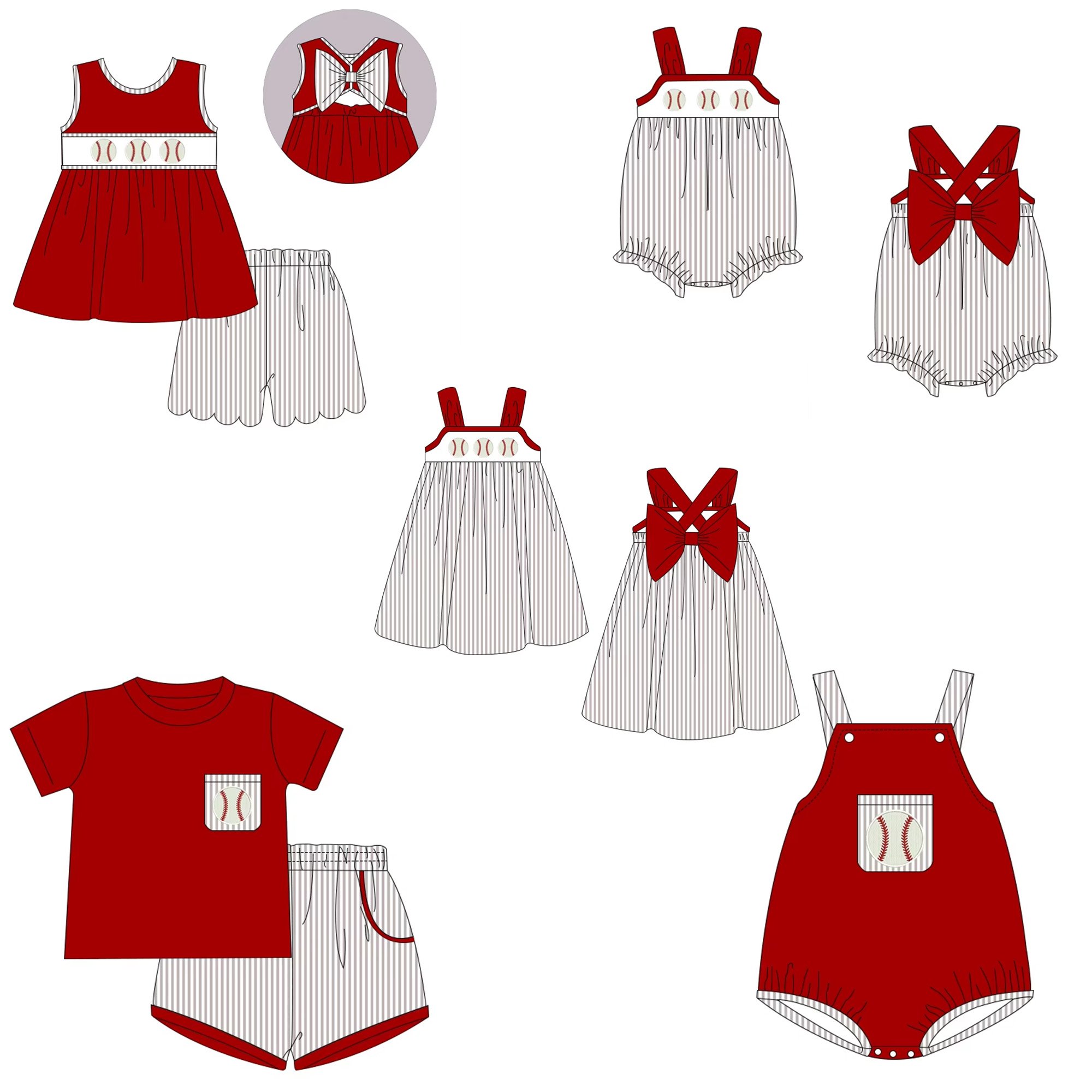 Wholesale spring summer children clothing embroidered baseball design woven stripe girls boys sibling matching set for kids