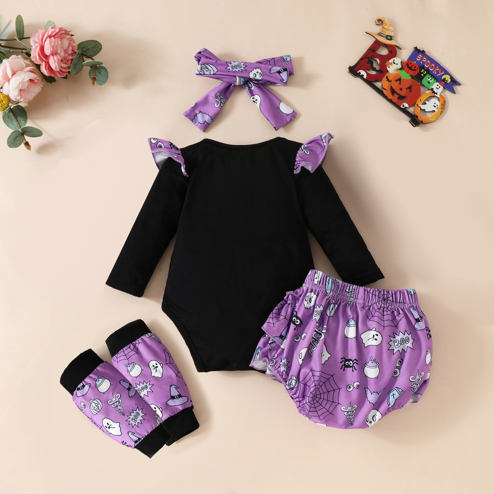 Wholesale Letter Long Sleeved Halloween Newborn Baby Girl Romper 4pcs Sets Infant Headbands Knee Pads Shorts