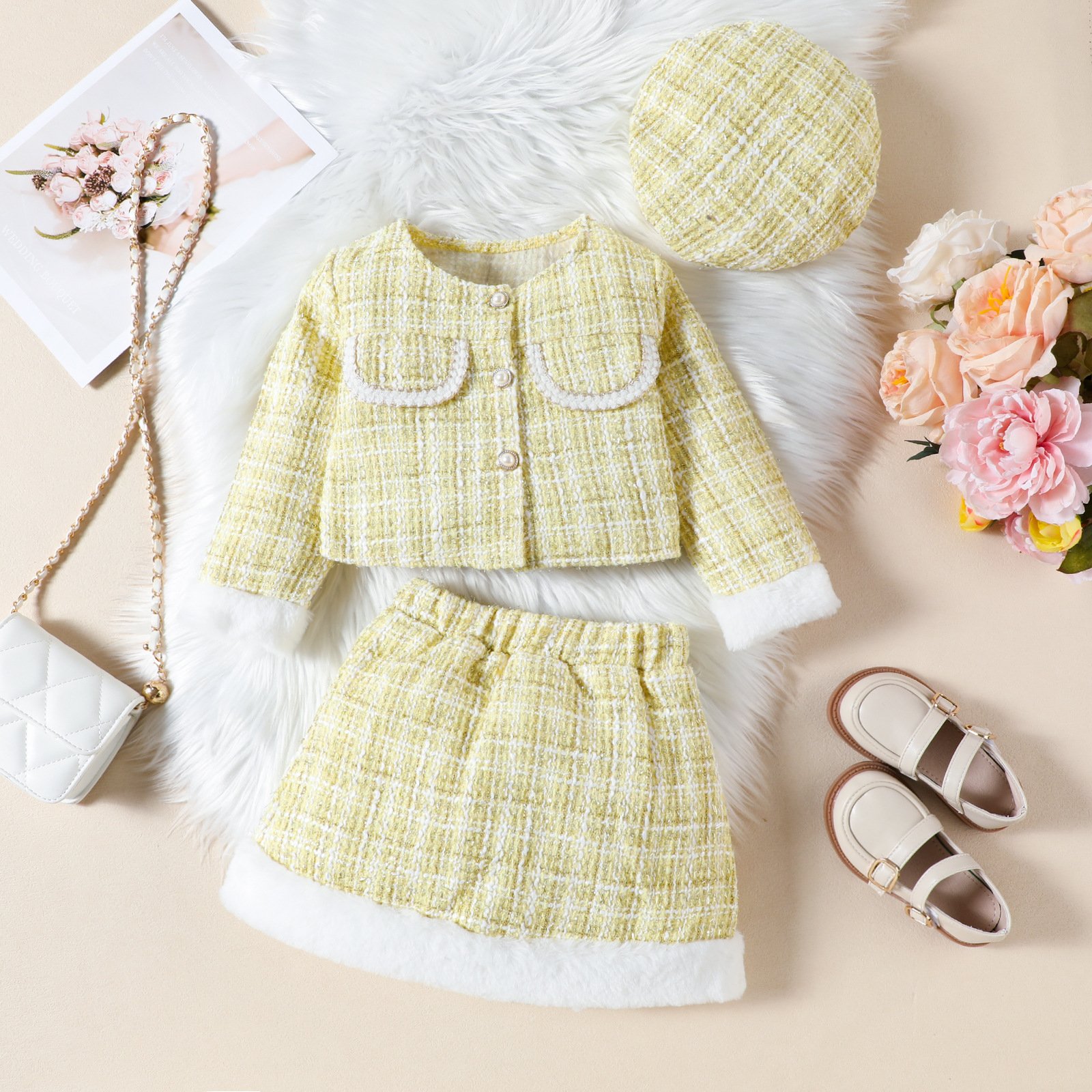2024 New Wholesale children's Sets Classic Girls Plaid Short Skirt 3-Piece Set Luxury Autumn And Winter Clothes For Girls