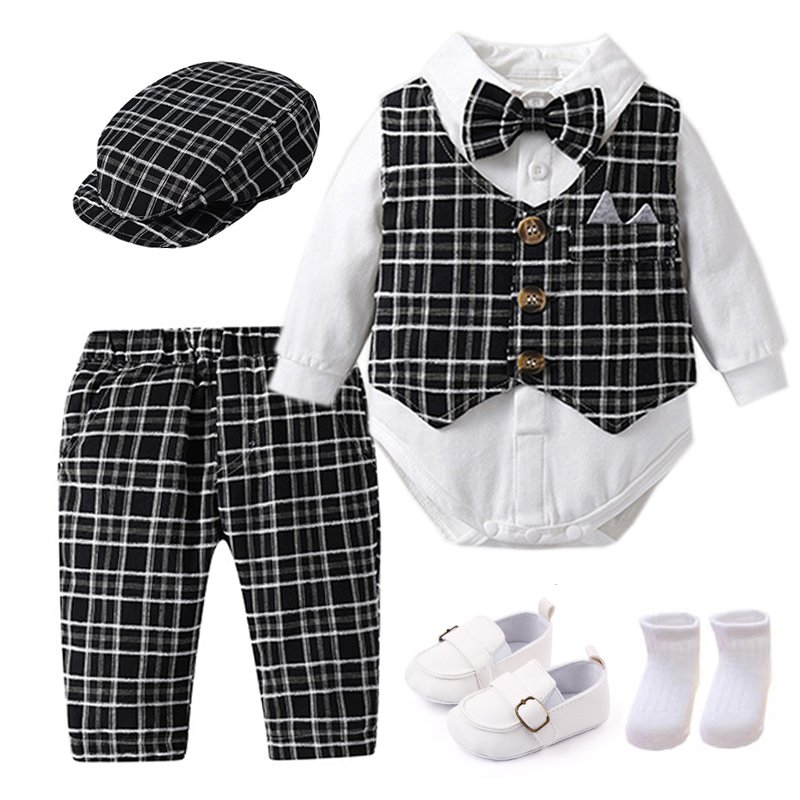 Fashion Baby Boy Clothes Set Gentleman Suit 3-6m Infant Baby Birthday Gift Box Custom Newborn Plaid Romper Vest Pant Hat Shoes