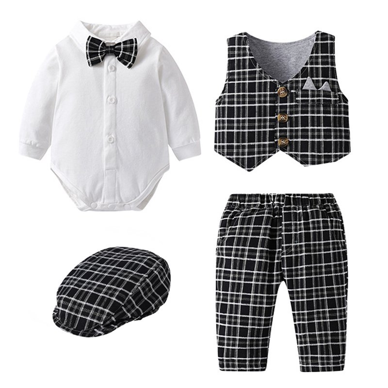 Fashion Baby Boy Clothes Set Gentleman Suit 3-6m Infant Baby Birthday Gift Box Custom Newborn Plaid Romper Vest Pant Hat Shoes