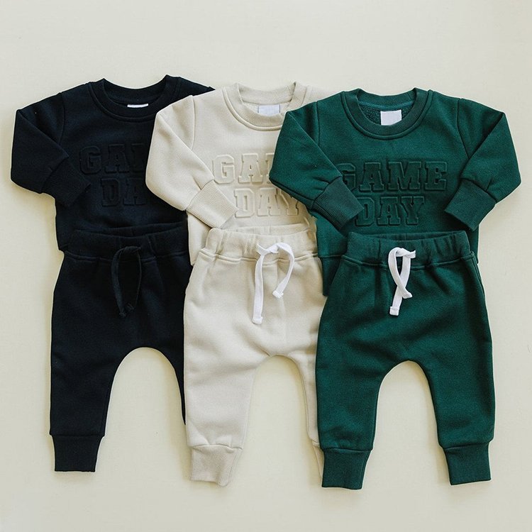 Wholesale Children Clothing Custom 3d embossed French Terry Kids Hoodie and Sweatpants Boys Tracksuit Clothing Set