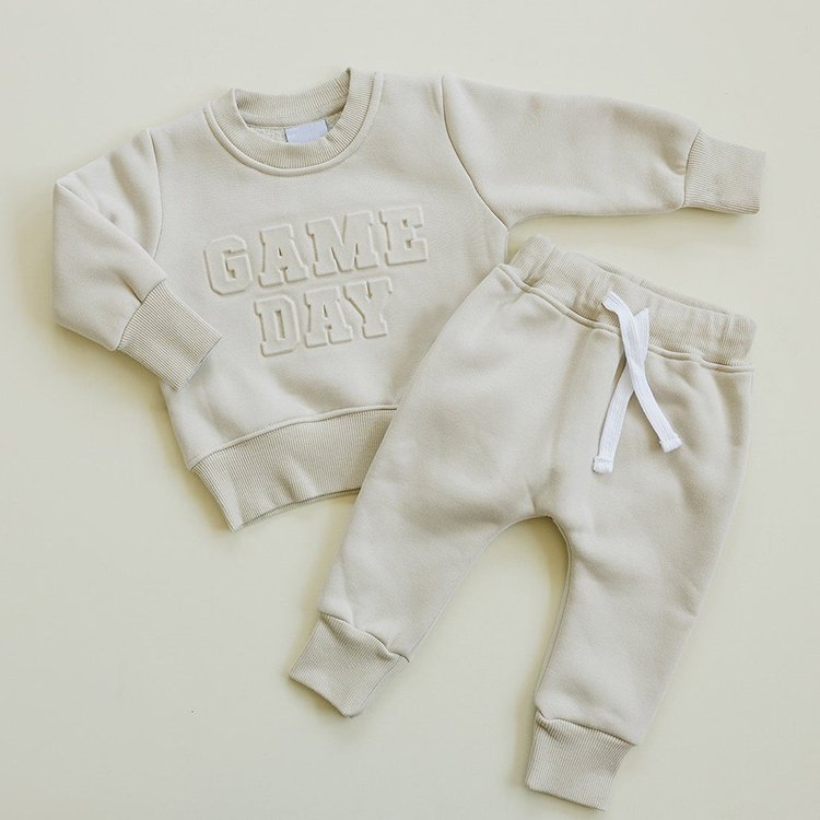 Wholesale Children Clothing Custom 3d embossed French Terry Kids Hoodie and Sweatpants Boys Tracksuit Clothing Set