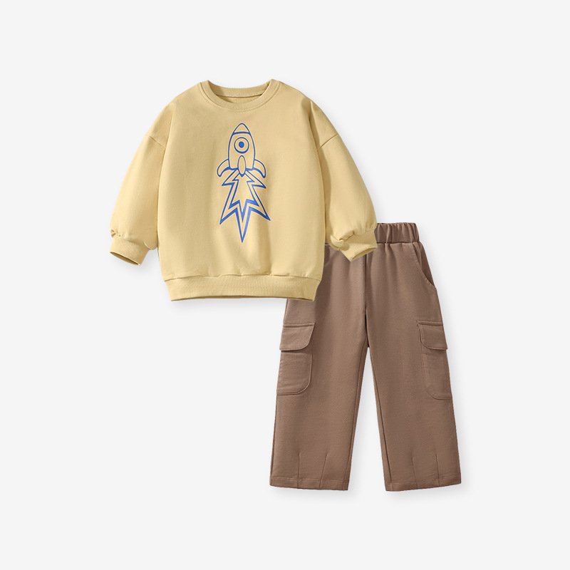 Children's Cotton Suit Light Brown Top+Brown Pant 2 Pcs Sets Kids Suits Boys Children's Clothing Casual Toddler Clothing