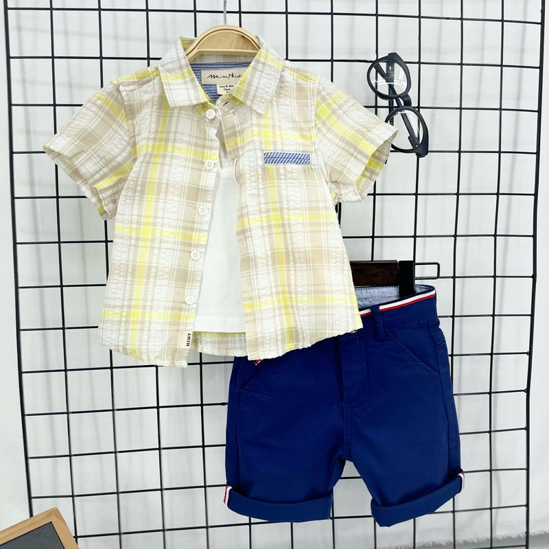 Clothes Wholesale Summer Plaid Shirts+ Shorts 2pcs Baby Clothing Suitkids Wear Little Boys Clothes Set