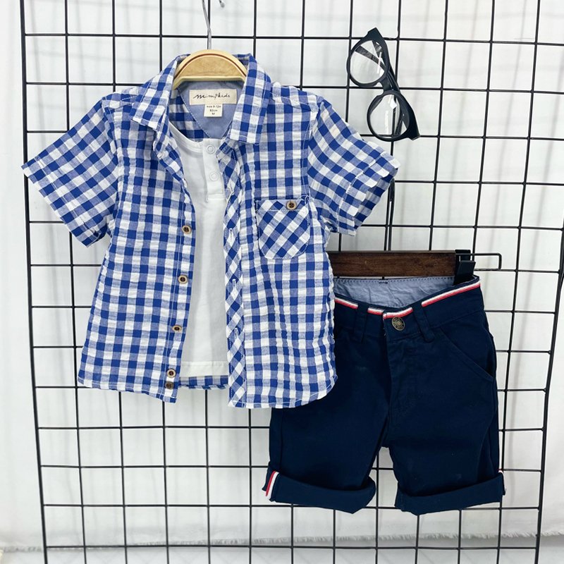 Clothes Wholesale Summer Plaid Shirts+ Shorts 2pcs Baby Clothing Suitkids Wear Little Boys Clothes Set