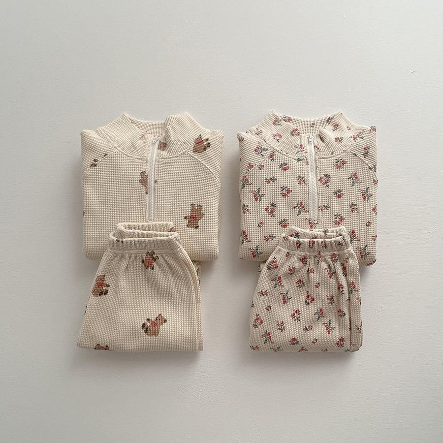 Spring and Autumn Infant Printed Casual Set Waffle Boys Girls Tops Pants 2 Pieces Suit Fashion Baby Clothes