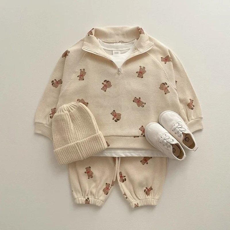 Spring and Autumn Infant Printed Casual Set Waffle Boys Girls Tops Pants 2 Pieces Suit Fashion Baby Clothes
