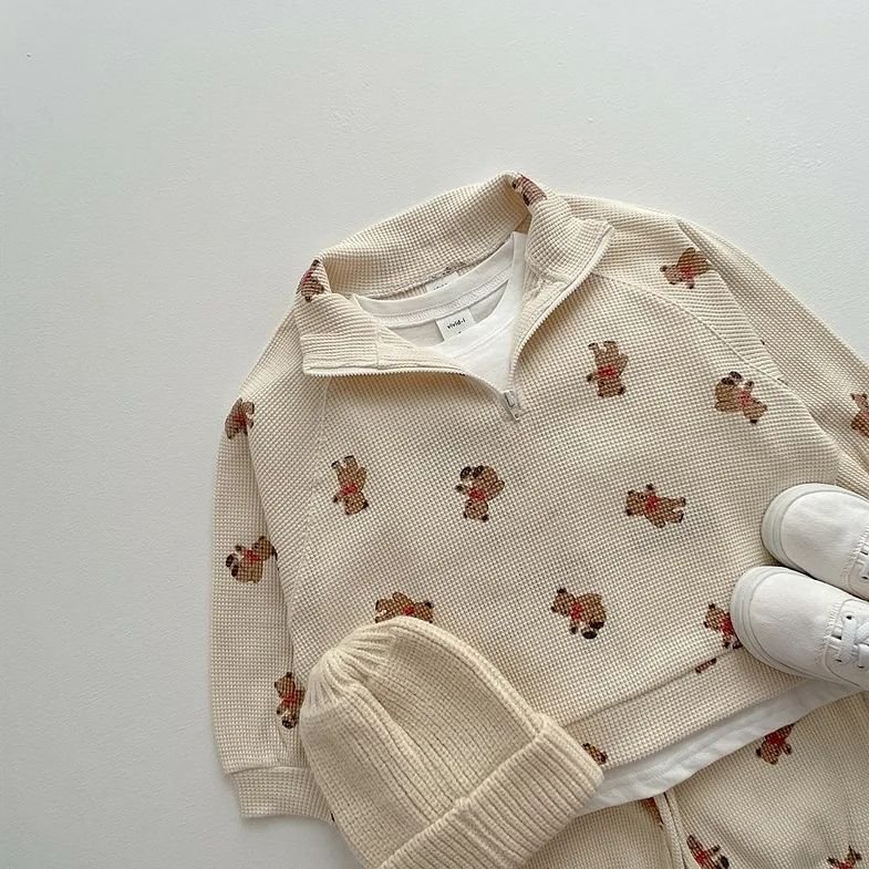 Spring and Autumn Infant Printed Casual Set Waffle Boys Girls Tops Pants 2 Pieces Suit Fashion Baby Clothes