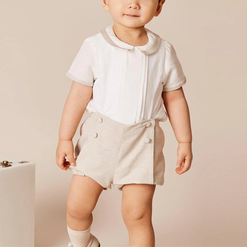 High Quality Fashion Baby Clothing Set Flat Pleats Baby Boy Beige Bloomers And Linen Shirt Set Summer Short Suit
